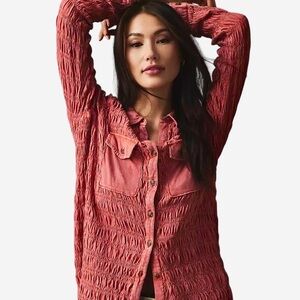 Pilcro Anthropologie Smocked Top XL L Shacket Ruched Jacket Shirt Boho Prairie